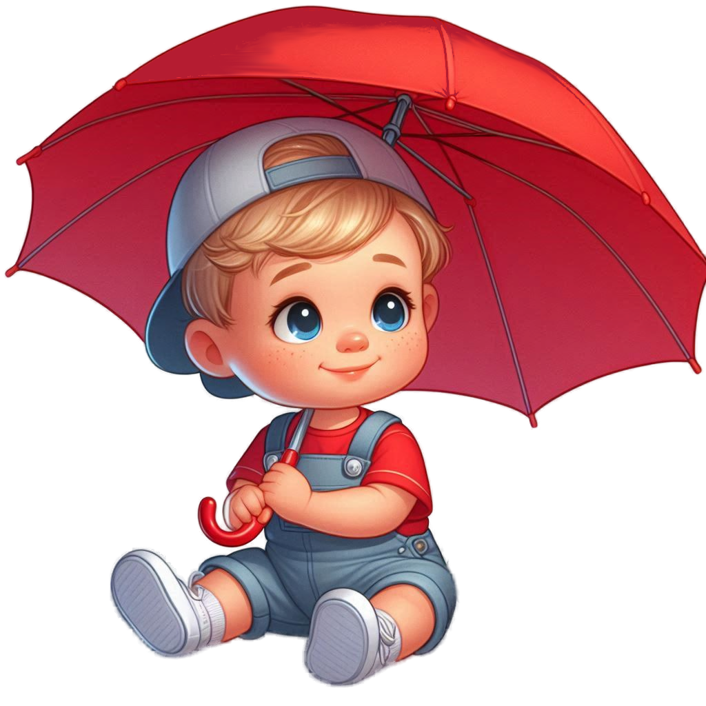 Kind sitzt unter Regenschirm